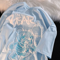 Синяя милая брендовая футболка для влюбленных, с медвежатами, короткий рукав, оверсайз