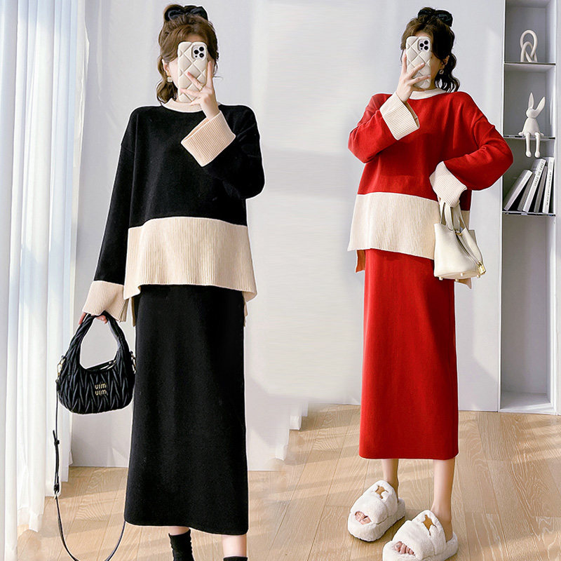 Pregnancy Woman Dress Autumn Winter Clothing Pregnancy Trendy Suit 2023 Han Edition New Fashion Outside Wearing Knitted Sweater Dress Two Sets-Taobao