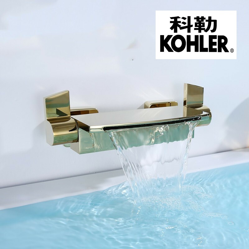 Full copper gold hot and cold bathtub waterfall style out tap hanging wall shower head suit cylinder edge water mixing valve