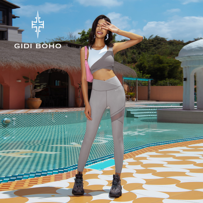 Gidi Boho Polar Mint Professional Yoga Suit Set Multi-Color Patchwork Sports Vest High-Waisted Yoga Pants for Women