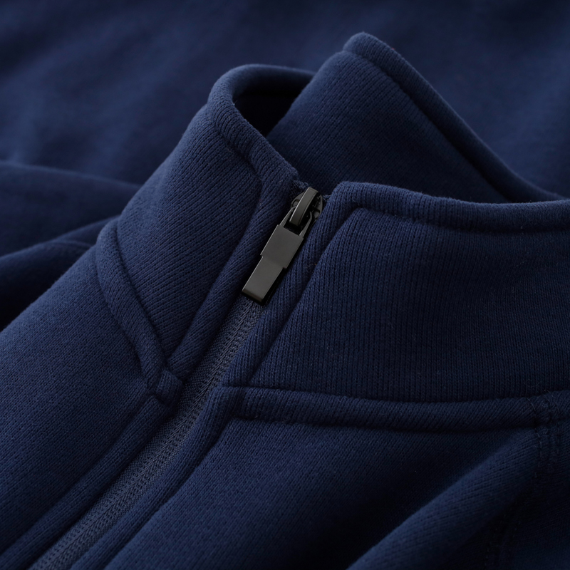 Heavy Navy Blue Jacket for Men, 350g Dark Blue, American Style Drop Shoulder, Stand Collar, Zip-Up Sweatshirt for Women