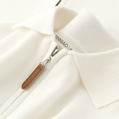 Комфортный белый трикотажный лонгслив, футболка polo, приятная телу рубашка для отдыха с молнией, на молнии