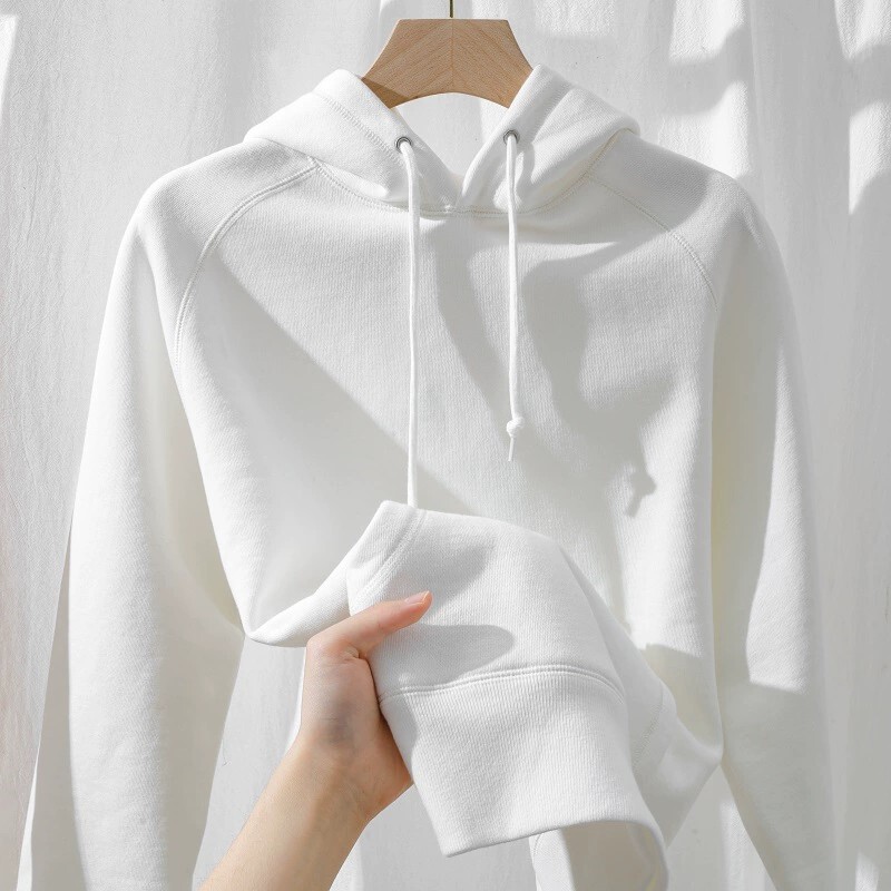 American-Style Raglan Sleeve Sweatshirt! 380g Heavyweight White Casual Hooded Sweatshirt for Men and Women, Loose Fit with Fleece Lining
