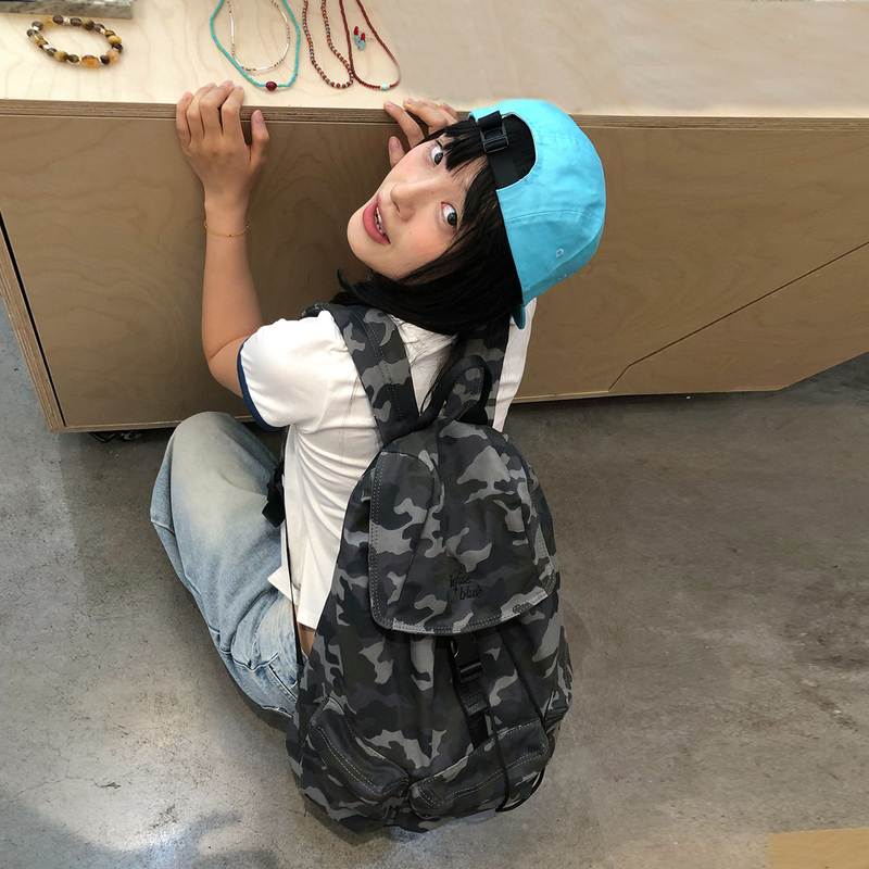Unique Blue Korean-Style Camouflage Large-Capacity Backpack for Female College Students, Drawstring School Bag, Travel Backpack