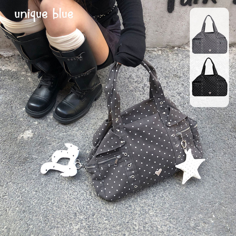Unique Blue Korean Style Light Polka Dot Casual Studded Tote Bag for Women, Suitable for Commuting and Travel, Large Capacity Shoulder Bag