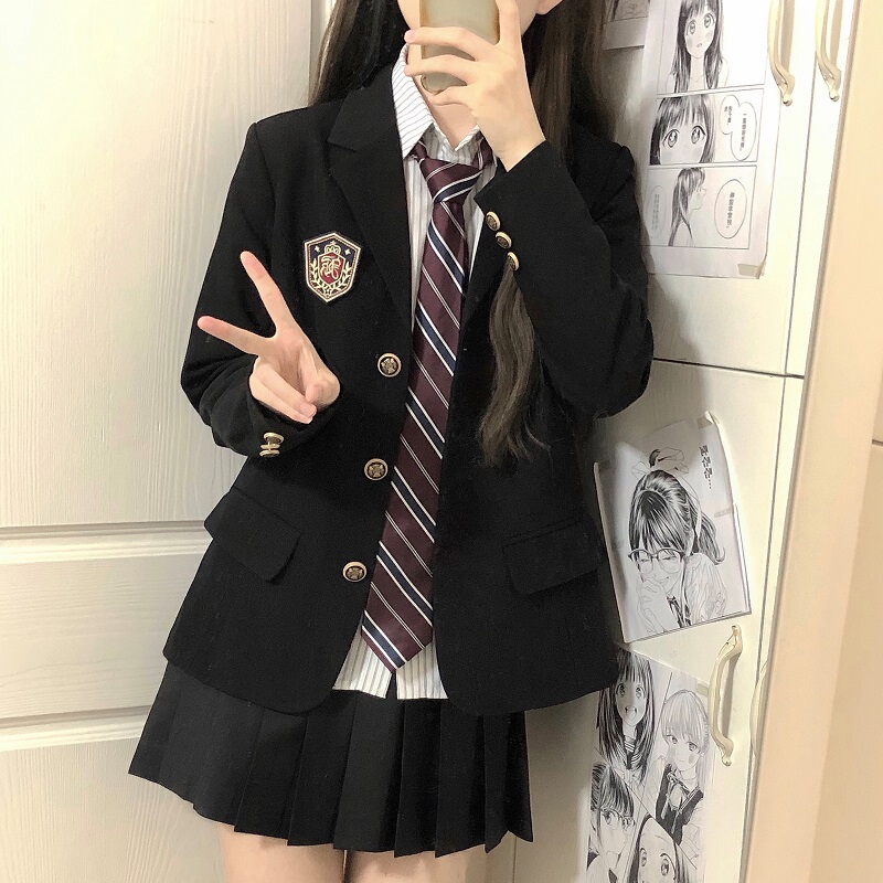 Original Jk Uniform Black Blazer for Female College Students, Preppy Style, School Uniform-Inspired, Cyan Three-Button Suit Jacket
