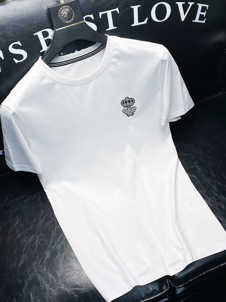 European station 2022 summer long-staple cotton white men's short-sleeved T-shirt slim bee hot diamond round neck T-shirt men