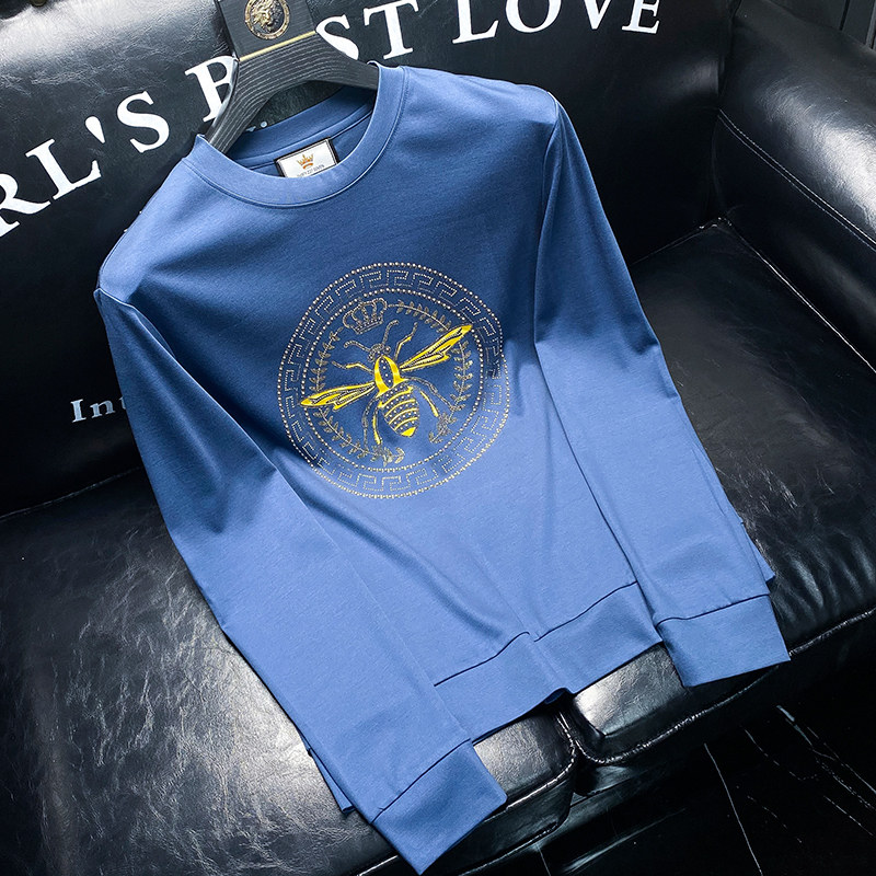 Jane European light luxury plus velvet warm autumn and winter printing small bee blue long-sleeved T-shirt men's slim hot drill bottoming shirt men