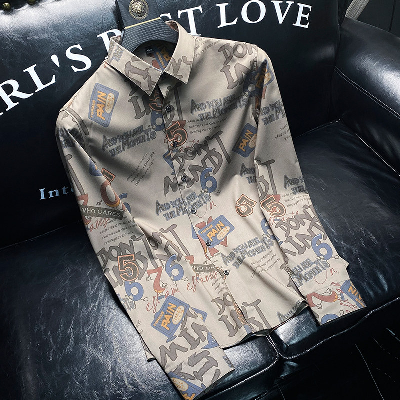 European station autumn thin section khaki printed shirt men's slim-fit iron-free high-end long-sleeved inch shirt men's tide