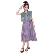 Girls suspender skirt summer 2024 new childrens womens skirt suit clothes girls big children summer dress