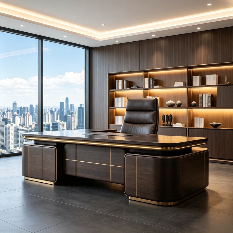 Light Luxury Dark Wood Veneer Modern Executive Desk High-End Office Boss Desk Bookcase Combination