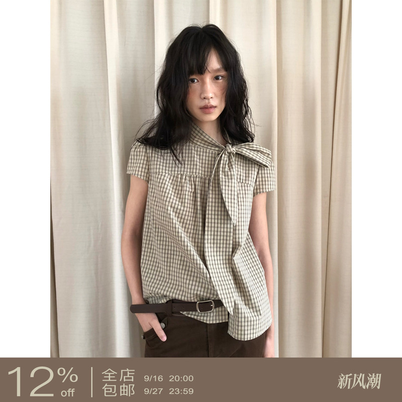 Dorydory Stand-Up Collar Lace-Up Plaid Small Flutter Sleeve Shirt 2026 Summer 100% Cotton Skin-Friendly Breathable Niche Top