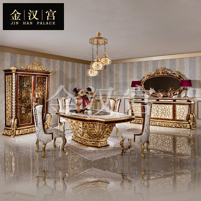 European-style luxury solid wood dining table large apartment French court gold foil dining table villa restaurant carved dining chair customization