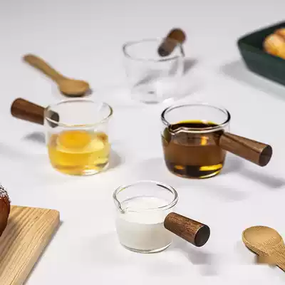 Creative wooden handle small milk cup glass small milk pot sauce saucer wooden handle milk jar mini seasoning dipping dish coffee utensil