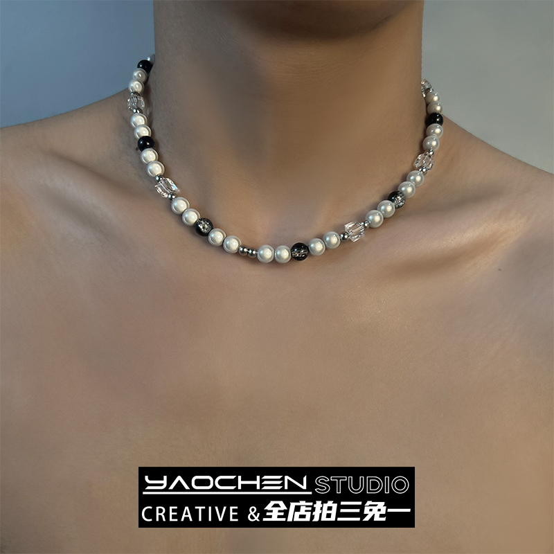Ice Crackle Reflective Pearl Beaded Necklace for Men ins Hip-Hop Sweet Cool Style Light Luxury Niche Clavicle Chain Men's Trendy New Style