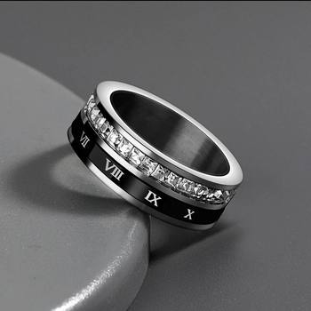 Rotatable Titanium Steel Ring with Diamonds and Roman Numerals, Fashionable Niche High-End Style for Men and Women, Cool Index Finger Ring
