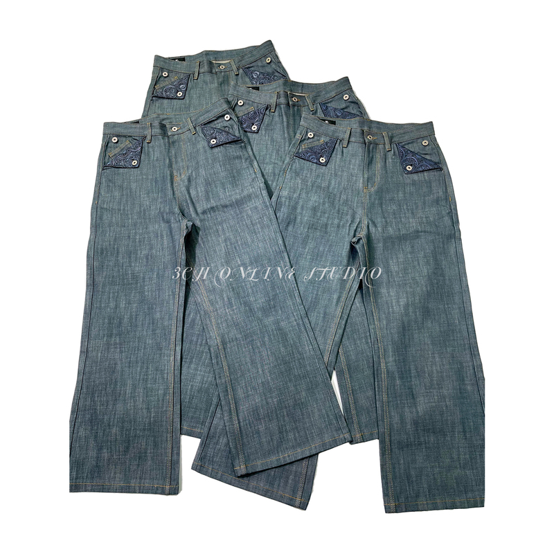 3Ch'Lake Green' 14 oz Flip-Top Embossed Raw Denim Jeans for Men, Vintage High-End Wide-Leg Straight Pants 3Ch'Lake Green' 14 oz Flip-Top Embossed Raw Denim Jeans for Men, Vintage High-End Wide-Leg Straight Pants