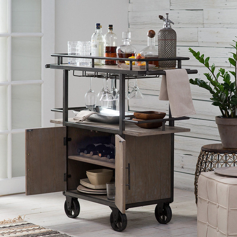 American country solid wood sideboard mobile retro wrought iron kitchen dining car bar trolley wine cart industrial style
