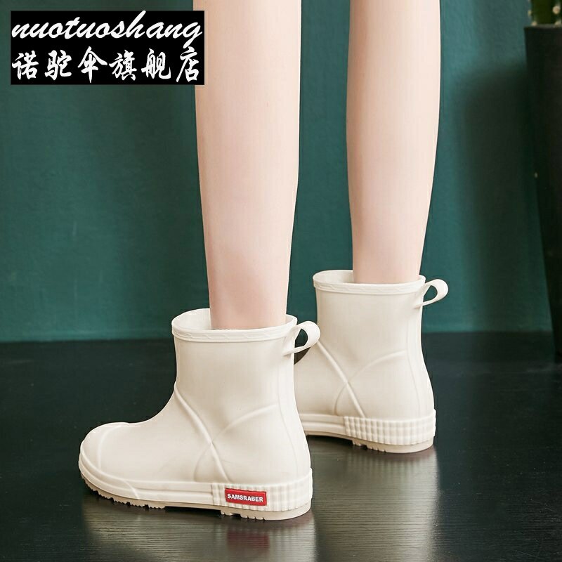 * Rain Shoes Women Fashion style outwear Short-cylinder plus suede Soft bottom Thickened Rain Boots Cute Mid-Tube Water Boots Non-slip Waterproof Water