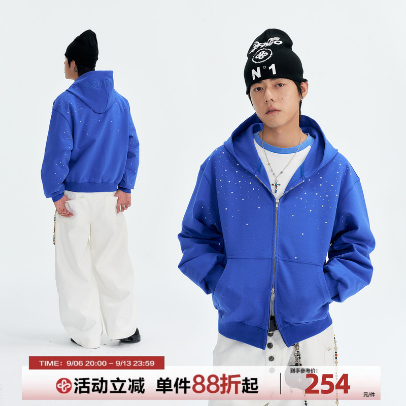 Coosretro American Retro Star-Studded Rhinestone Zipper Hoodie for Men, Loose Casual Cardigan for Autumn