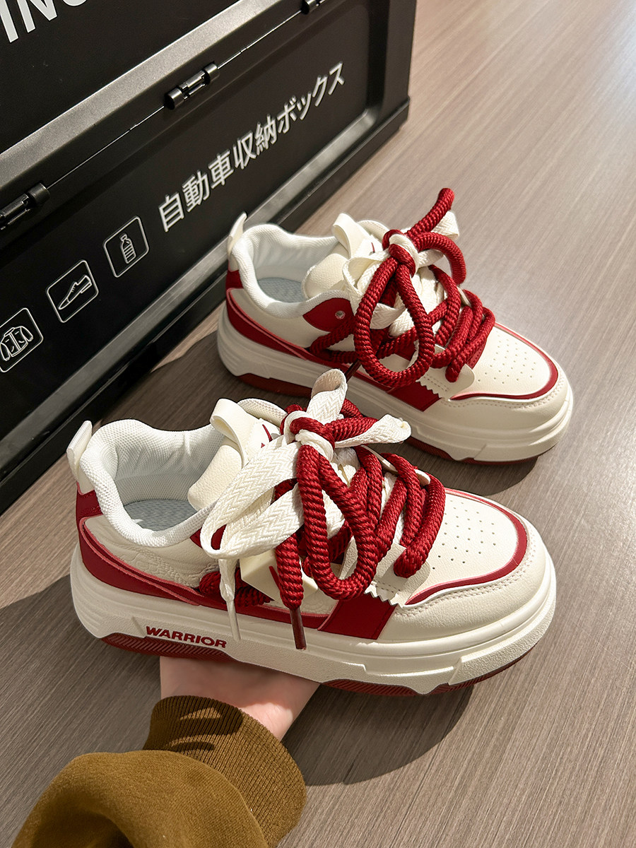 Pull-Back Burgundy Women's Shoes, New Autumn and Winter White Sneakers, Popular Women's Sports Shoes, Fleece-Lined Thick-Soled Double-Cotton Sneakers for Women