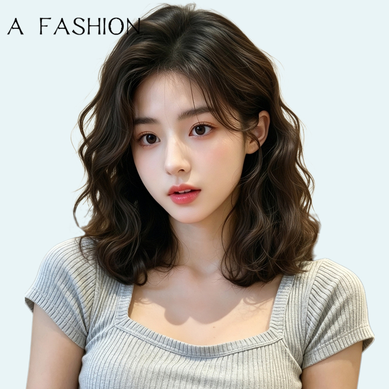 Wig for Women, Full Headpiece, Real Human Hair, Medium-Long Hair, French-Style Wool Curls, Collarbone-Length Hair, Lightweight and Breathable, Full Wig Set