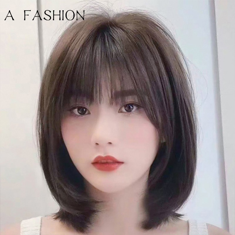 Wig female short hair net red wave head natural full real human hair air bangs fashion face repair full head wig set