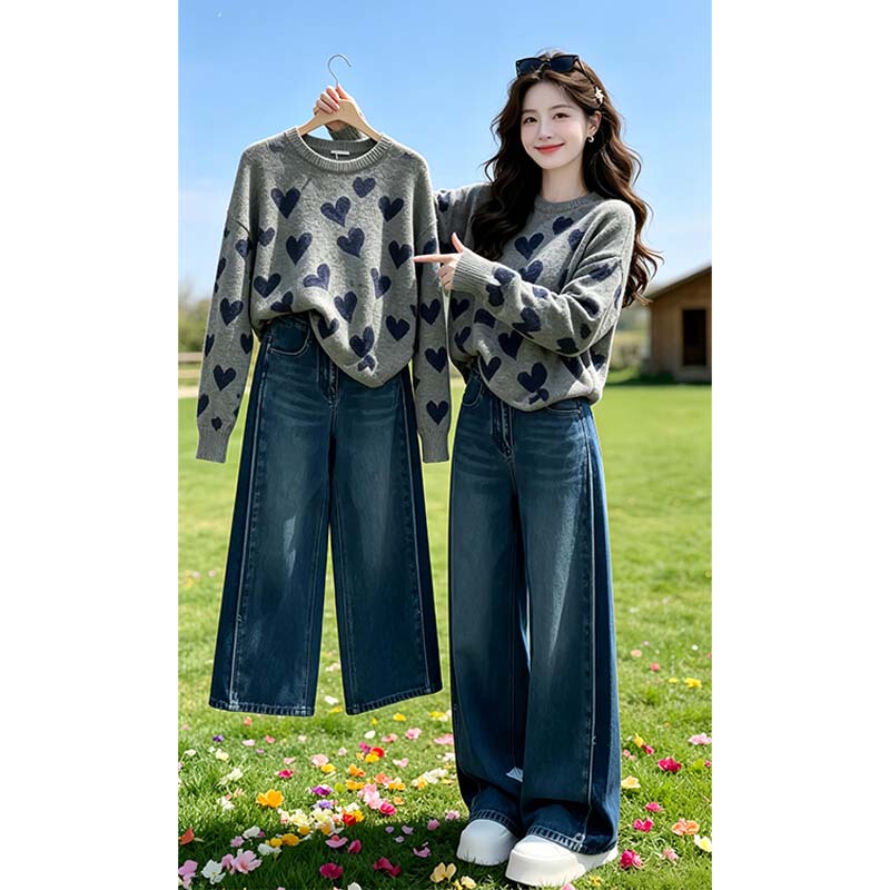 Round Neck Heart Jacquard Loose Knit Sweater for Women 2026, Drop Shoulder Sleeves, Soft Pullover, Slimming and Versatile Top