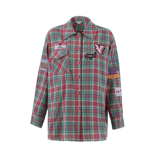 VIAPITTI new design printed plaid shirt loose long-sleeved jacket thin top female star same style