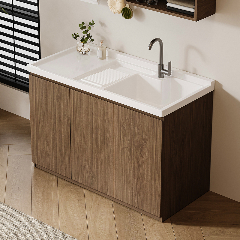 Vintage-Style Stainless Steel Honeycomb Aluminum Laundry Cabinet with Integrated Balcony Laundry Sink and Basin, Suitable for Home Outdoor Use with Washboard