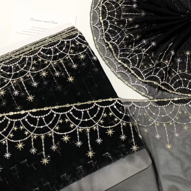 Japanese-Style Black Platinum Shiny Retro Star Chain Beads Palace-Style Embroidered Mesh Lace Trim G010