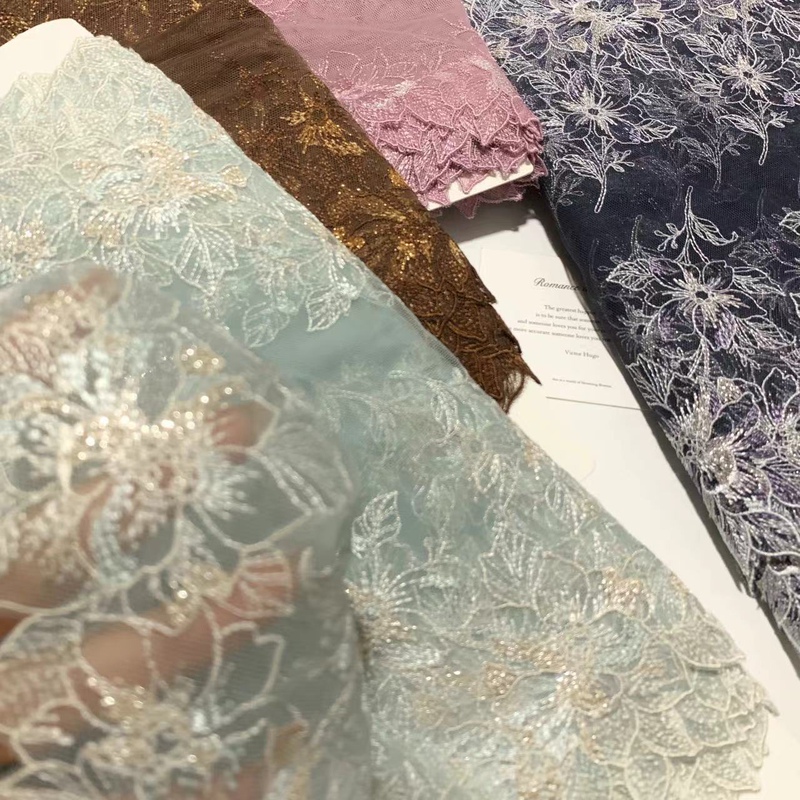 Japanese-Style Light Green Ink Blue Golden Brown Shiny Retro Double-Sided Heavy Embroidery Mesh Lace Trim D016