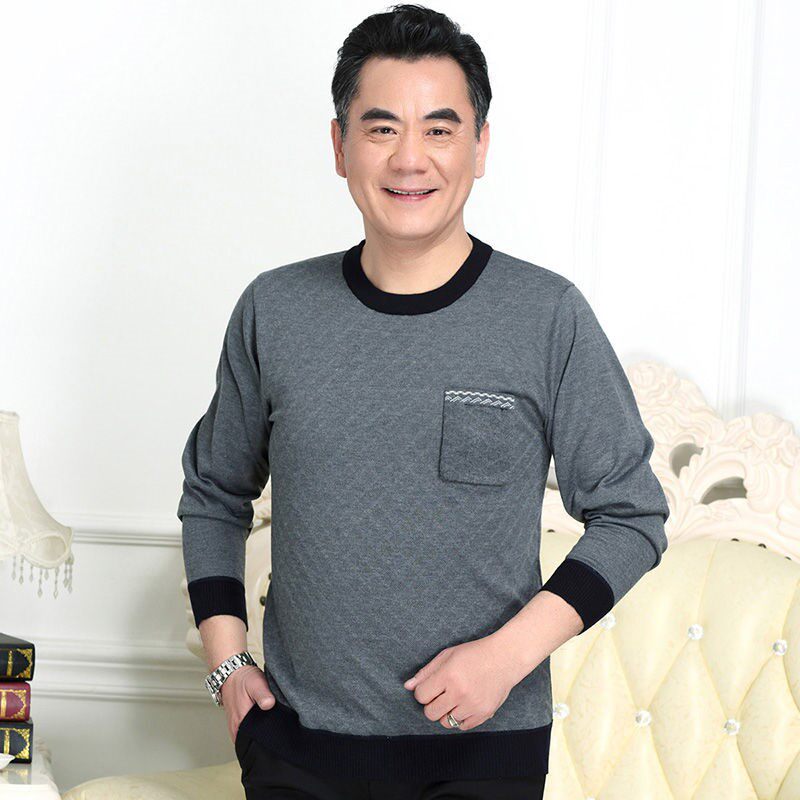 Dad autumn long-sleeved T-shirt round neck thin autumn clothes 50-60 years old men's loose bottoming shirt with real pockets