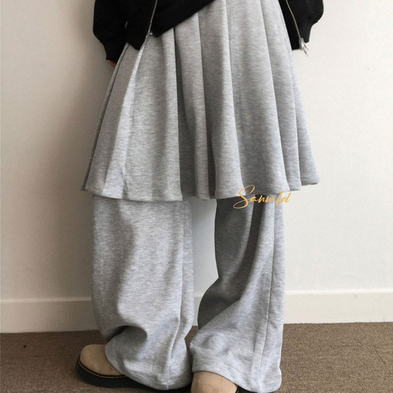 Sanwild 2026 Loose and Stylish Pleated Skirt with a Fake Two-Piece Design, Versatile Casual Wide-Leg Straight Skirt Pants for Women