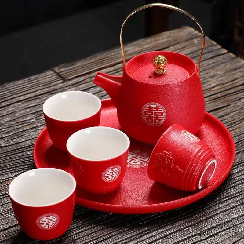 Toast tea cup two pairs of wedding festive tea set set Chinese red double happiness wedding toast teapot festive plate wedding festive