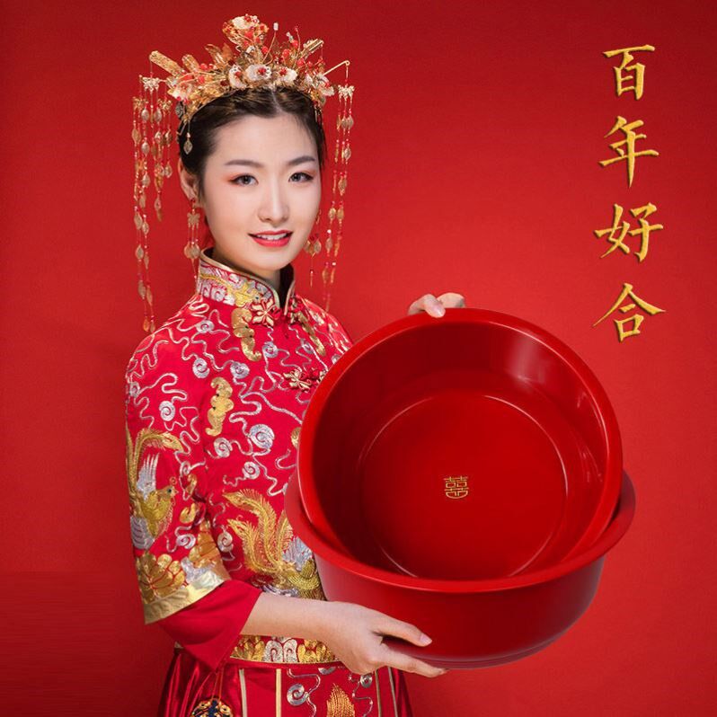Wedding washbasin a pair of red dowry supplies washbasin Daquan woman's wedding red basin set maiden dowry