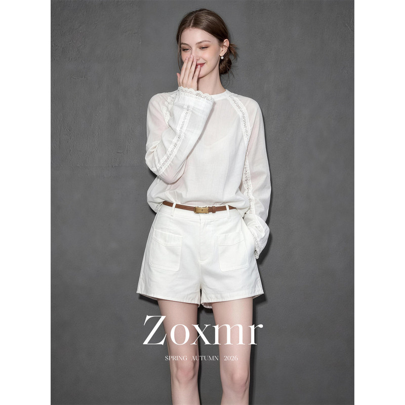 Old Money Style Outfit with a Luxurious Vibe: White Lace Patchwork Long-Sleeve T-Shirt, Shirt, and Shorts Set for Women Old Money Style Outfit with a Luxurious Vibe: White Lace Patchwork Long-Sleeve T-Shirt, Shirt, and Shorts Set for Women