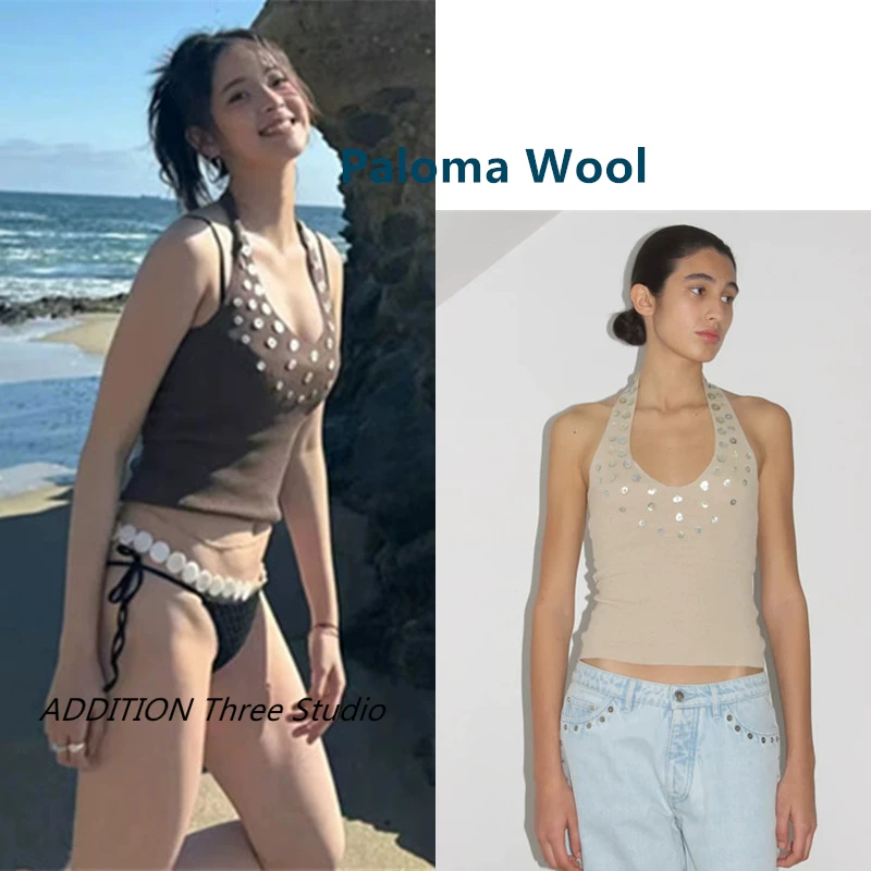 Аутентичный Paloma Wool 24 новая модель Оуян Нана та же сексуальная водолазка с низким вырезом Sichuan лилия стриту разряженная подвесная жилетка с блестками