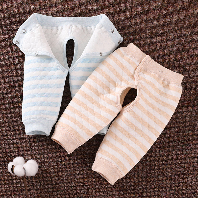 Newborn baby warm cotton pants male and female baby autumn and winter boneless double snap adjustable three-layer quilted open crotch pants