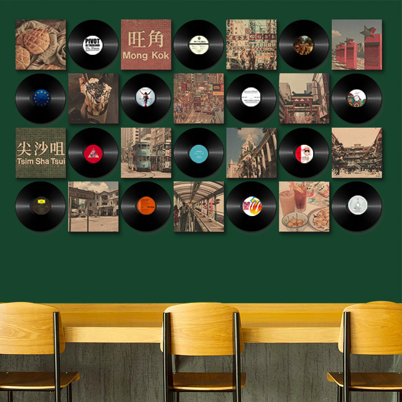 Old Hong Kong simulation vinyl record poster combination retro decorative painting star building movie singer decoration wall