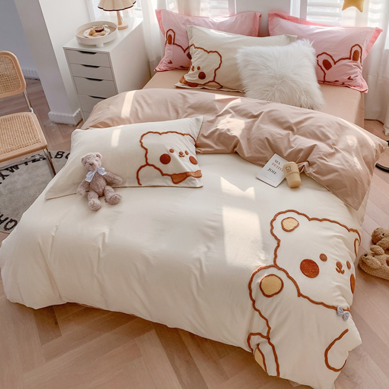 Cute cartoon bear cotton washed cotton bed four-piece princess-style cotton girl bed sheet person quilt cover three-piece set