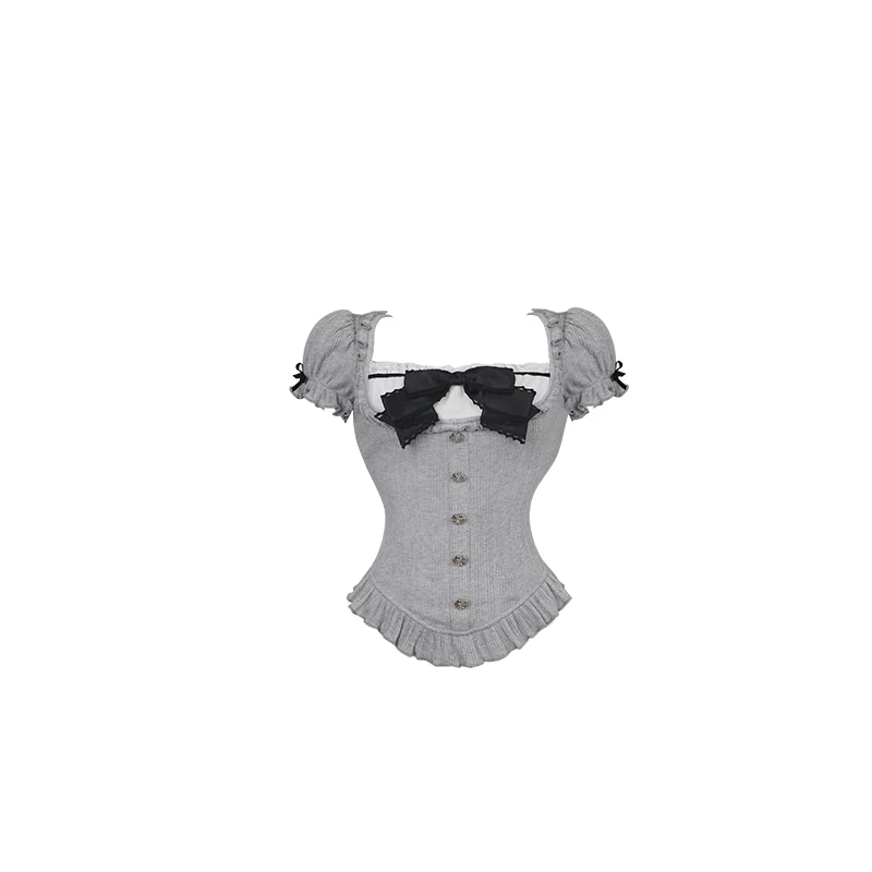 Girls' Coconut [Light Goth] Moonlight Code Words Gray Knitted Short Sleeve + Black Waist Cover + Checkered Cake Skirt