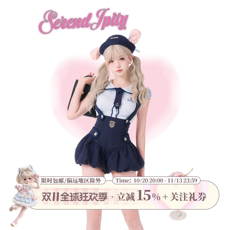 Girly Coconut【College Style】Sea Salt Wave Summer Navy Style Shirt Top + Blue Plaid Overalls
