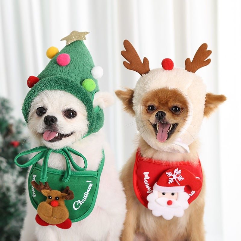 Dogs and cats, Christmas hats, saliva towels, bibs, Teddy, Bomei, autumn and winter pet costumes