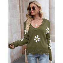 Amazon ebay2023 autumn and winter new style ripped long-sleeved loose sweater small flower V-neck pullover sweater