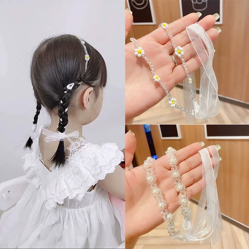 Детская милая повязка на голову со стразами из жемчуга, аксессуар для волос с бантиком, ожерелье, популярно в интернете