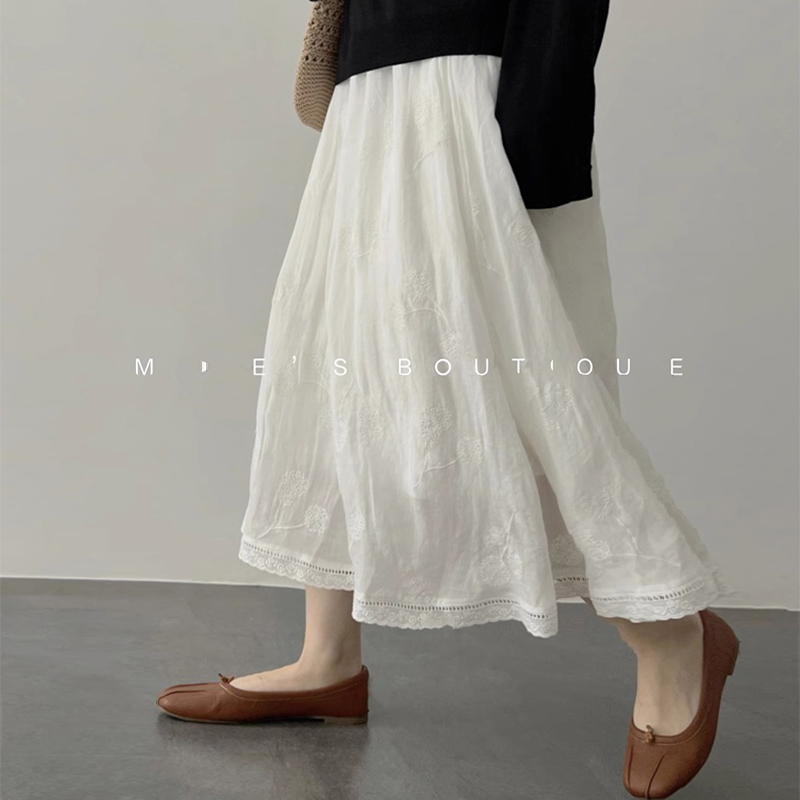 春、秋、冬の女性用ホワイトレーススカート、小さいサイズ、ドレープ、ハイウエスト、Aラインスカート、刺繍入りフレンチアンブレラスカート