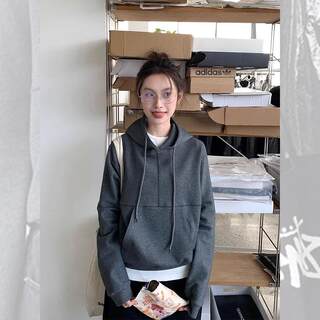 Gray Hooded Sweatshirt for Women, Autumn and Winter, Petite American Style Hoodie, Loose and Lazy Style, Short Pullover Top