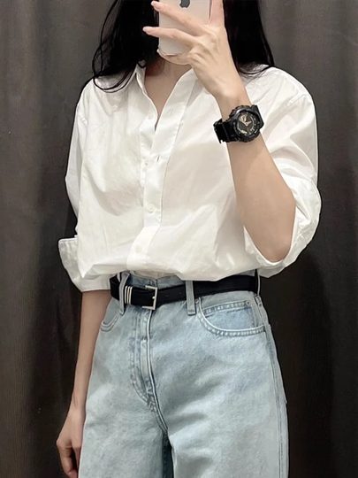 Chemise blanche française pour femmes, petite chemise ample à manches longues avec haut de déplacement professionnel, nouvelle collection printemps et automne 2025