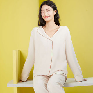 Women's long-sleeved spring and autumn pajamas with chest pads, loose and casual, can be worn outside, anti-bump large size homewear suit